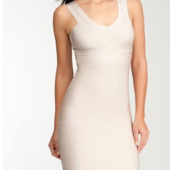 Bebe Double V-Neck Bandage Dress in Tapioca - Picture 1 of 8